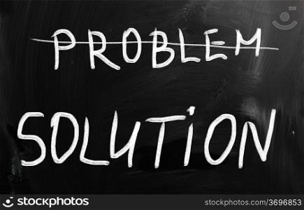 ""Problem solutions" handwritten with white chalk on a blackboard."