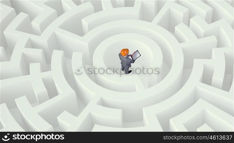 Problem solving concept Mixed media. Confused businessman standing in white maze trying to find way out