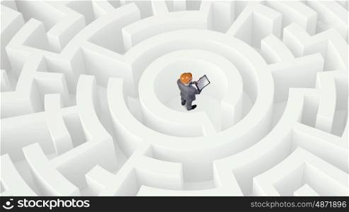 Problem solving concept Mixed media. Confused businessman standing in white maze trying to find way out