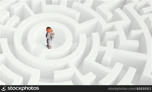 Problem solving concept Mixed media. Confused businesswoman standing in white maze trying to find way out