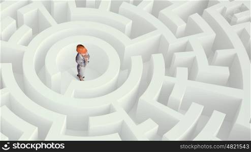 Problem solving concept Mixed media. Confused businesswoman standing in white maze trying to find way out