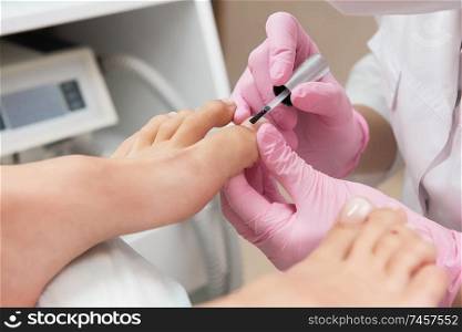 Procedure of pedicure in beauty salon. Nail polishing with nail polish. Closeup photo. Procedure of pedicure in beauty salon