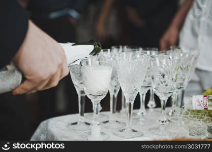 Process of filling of glasses by wine.. The young man pours champagne in glasses 2389.. The young man pours champagne in glasses 2389.