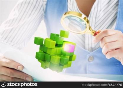Process of new technologies integration. Hands of woman looking in magnifier at 3d illustration cube figure