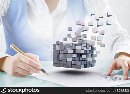 Process of new technologies intergration . Close up of business person working with laptop and digital levitating cube