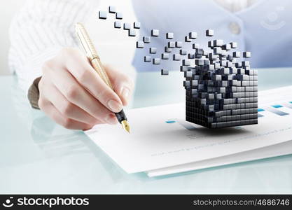 Process of new technologies intergration . Close up of business person writing with pen and digital cube figure on papers