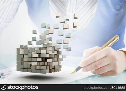 Process of new technologies intergration. Close up of businesswoman working at desk and 3D cube illustration