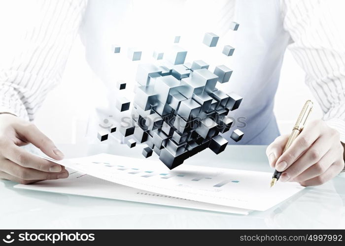 Process of new technologies intergration. Close view of businesswoman writing on papers and 3D illustration cube figure as technology concept