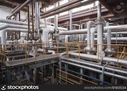process plant, with pipes and valves bringing raw materials in, and finished products out, created with generative ai. process plant, with pipes and valves bringing raw materials in, and finished products out