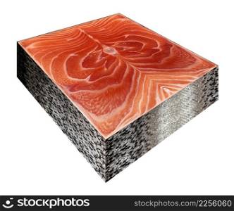 Processed food symbol and genetically engineered foods or GMO fish as an Atlantic Salmon steak shaped as a synthetic cube shape representing bioengineering or aquaculture as a consumer product.
