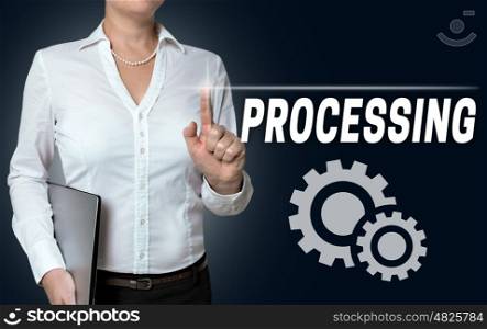 processing touchscreen is operated by businesswoman. processing touchscreen is operated by businesswoman.
