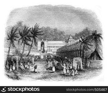 Procession of the Buddha's tooth, On the island of Ceylon, vintage engraved illustration. Magasin Pittoresque 1842.