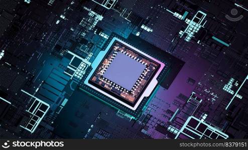 Processor chip, smart microchip, 3D illustration