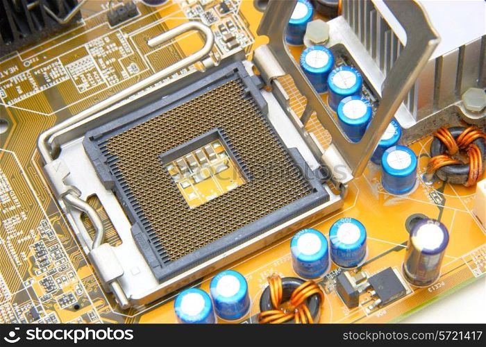 Processor on the yellow computer motherboard