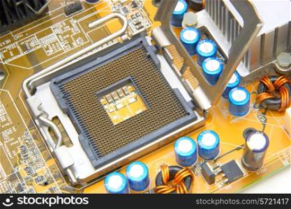 Processor on the yellow computer motherboard