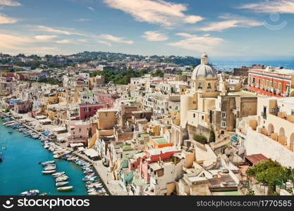 PROCIDA, ITALY - CIRCA AUGUST 2020: panoramic view of the mediterranean Italian island close to Naples in a summer day.