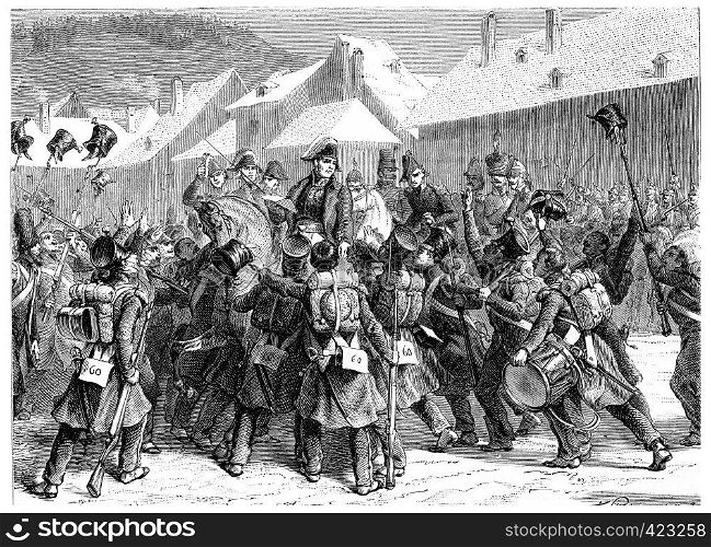 Proclamation of Marshal Ney in Lons-le-Saunier, vintage engraved illustration. History of France ? 1885.