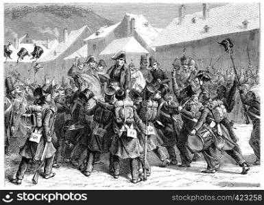 Proclamation of Marshal Ney in Lons-le-Saunier, vintage engraved illustration. History of France ? 1885.