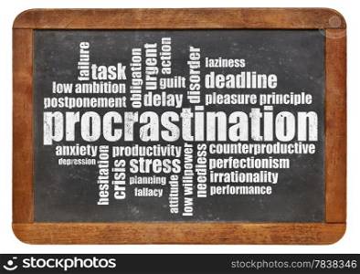 procrastination word cloud on a vintage blackboard isolated on white