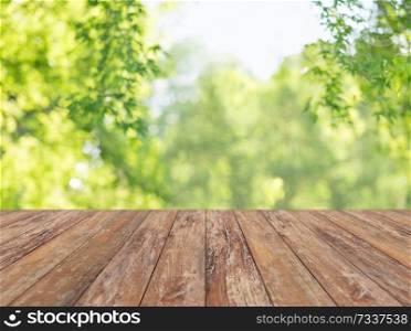 product display concept - empty wooden table with blurred green summer park background. wooden table with blurred summer park background
