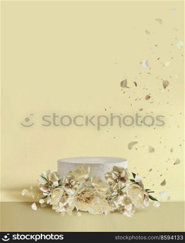 Product display for perfume fragrance merchandise, jewelry and cosmetic products at pale yellow background with flying flower petals. Scene stage showcase and promotion. Front view