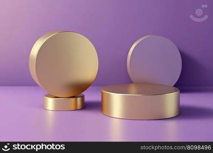 Product display gold round podium on purple background. Stage showcase on pedestal with podium. Modern abstract background. 3D. Product display gold round podium on purple background. 3D