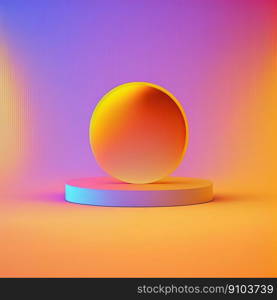 Product display neon round podium on vibrant colorful gradient background. Stage showcase on pedestal studio with podium. Modern abstract background. Product display neon round podium on colorful gradient background