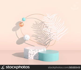 Product display podium decorated with leaves on pastel background, 3d. Product display podium decorated with leaves on pastel background, 3d illustration