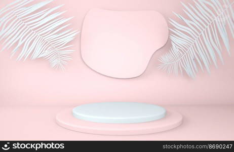 Product display podium decorated with leaves on pastel background, 3d. Product display podium decorated with leaves on pastel background, 3d illustration