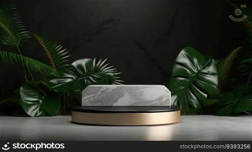 Product display podium decorated with pearls and leaves. Marble podium. Product presentation, mock up, show cosmetic product.