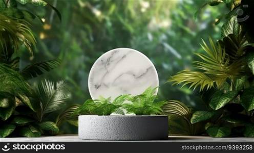 Product display podium decorated with pearls and leaves. Marble podium. Product presentation, mock up, show cosmetic product.