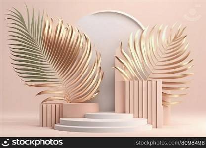 Product display podium with geometric platform and nature gold palm leaves on pink background. Stage showcase on pedestal, white podium. Modern abstract background. AI. Product display podium with platform and gold leaves on pink background. AI