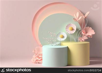 Product display podium with geometric platform and nature leaves and flowers on pink background. Stage showcase on pedestal studio blue and yellow podium. Modern abstract background. Product display podium with geometric platform and flowers on pink background