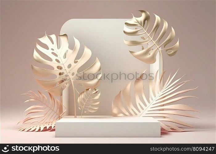 Product display podium with geometric platform and nature monstera leaves on pink background. Stage showcase on pedestal, white podium. Modern abstract background. Product display podium with platform and leaves on pink background