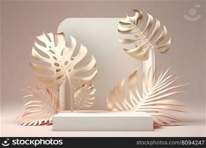 Product display podium with geometric platform and nature monstera leaves on pink background. Stage showcase on pedestal, white podium. Modern abstract background. Product display podium with platform and leaves on pink background