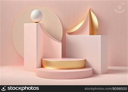 Product display podium with geometric shapes, podium and platform on white background. Stage showcase for beauty product on pedestal. Modern abstract background. 3D. Product display podium with platform, gold geometric shapes on white background. 3D