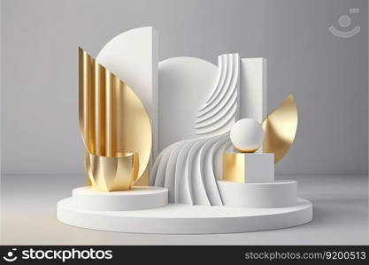 Product display podium with geometric shapes, podium and platform on white background. Stage showcase for beauty product on pedestal. Modern abstract background. 3D. Product display podium with platform, gold geometric shapes on white background. 3D