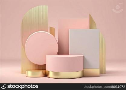 Product display podium with gold geometric shapes, podium and platform on pink background. Stage showcase for beauty product on pedestal. Modern abstract background. 3D. Product display podium with platform gold geometric shapes on pink background. 3D