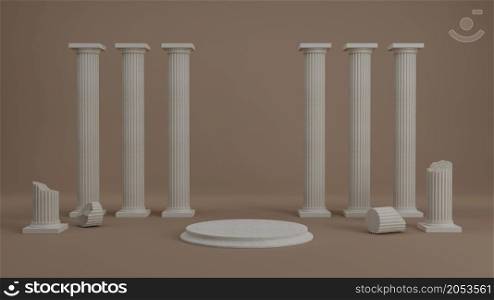 Product display podium with minimal ancient Greek style colonnade roman column Minimal scene in beige room or hall with colonnade classic columns for product promotion or cosmetic product show 3D rendering illustration