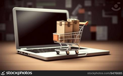 Product package box in a shopping cart on the laptop