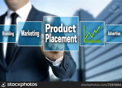 Product Placement touchscreen is operated by businessman.. Product Placement touchscreen is operated by businessman