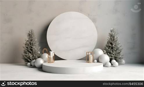 product podium stand with christmas theme background. AI Generated. product podium stand with christmas theme background
