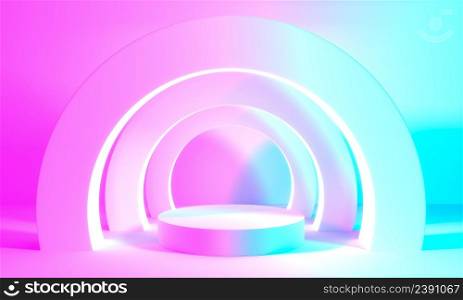 Product Stand blue pink violet neon abstract background, studio modern ultraviolet light, room pastel interior, Glowing podium, performance stage decorations, Stage for circle of light. 3d rendering