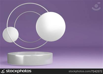 Product Stand, Pedestal, Cylinder Shape, Circle Frame, Purple background and White ring, 3D Rendering.