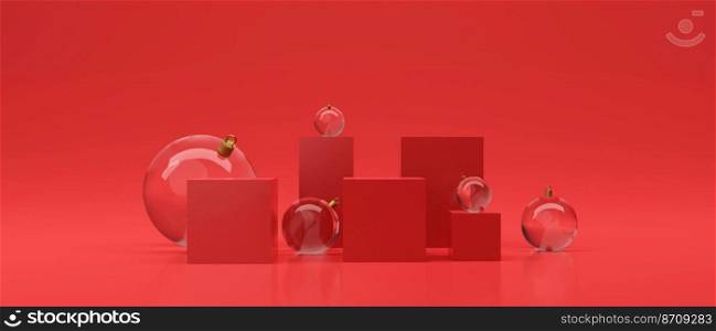 product stand with christmas balls around. 3d illustration