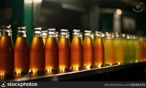 production conveyor with bottles of lemonade generative ai.
