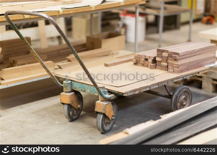 production, manufacture and woodworking industry concept - boards on old loader at furniture factory workshop. boards on loader at furniture factory workshop