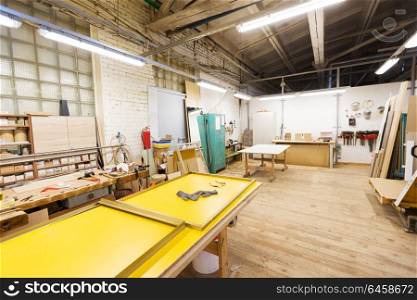 production, manufacture and woodworking industry concept - furniture factory workshop. woodworking factory workshop