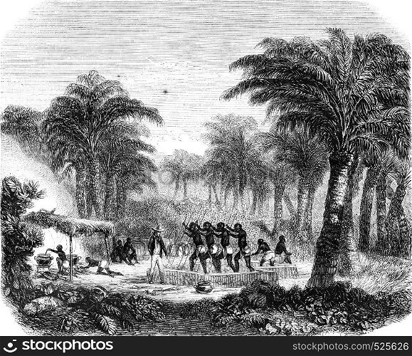 Production of palm oil Whyda, Guinea, Cote Slave, vintage engraved illustration. Magasin Pittoresque 1846.