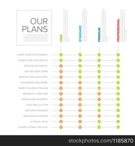 Products service feature compare list table template with various options, description, features. Wedding invitation template